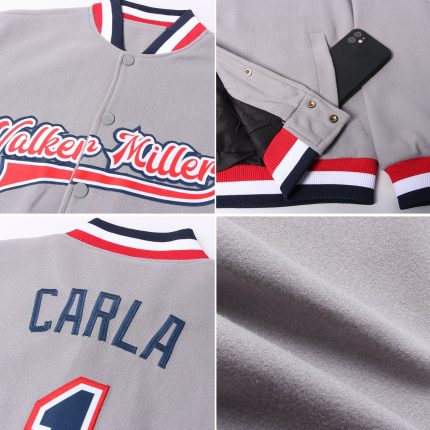 Custom Bomber Varsity Letterman Jacket Gray Navy Red Full-Snap Design Custom Gray Navy White-Red Bomber Full-Snap Varsity