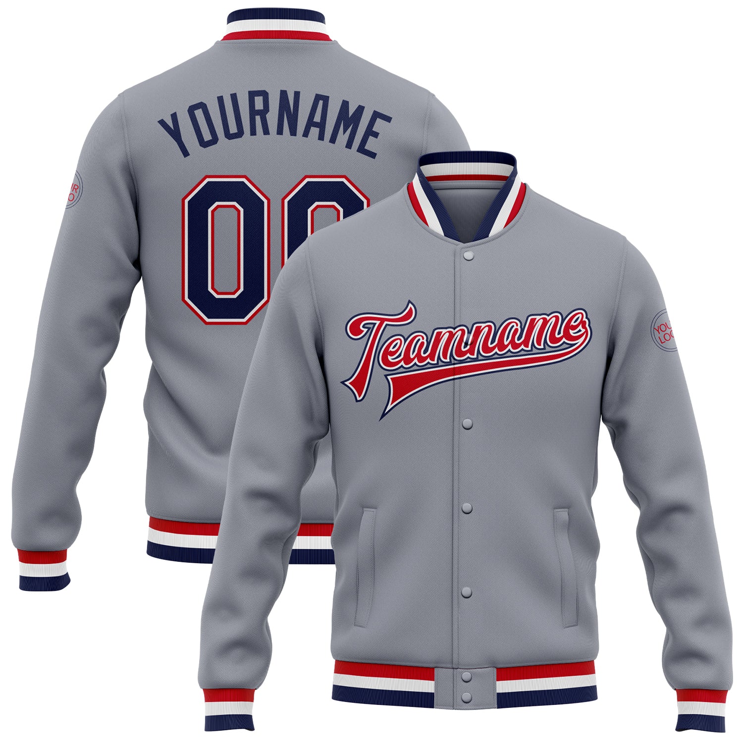 Custom Bomber Varsity Letterman Jacket Gray Navy Red Full-Snap Design Custom Gray Navy White-Red Bomber Full-Snap Varsity