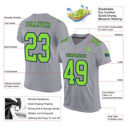 Custom Gray Neon Green Navy Football Jersey - Authentic Mesh Design for Ultimate Sports Performance Custom Gray Neon Green-Navy