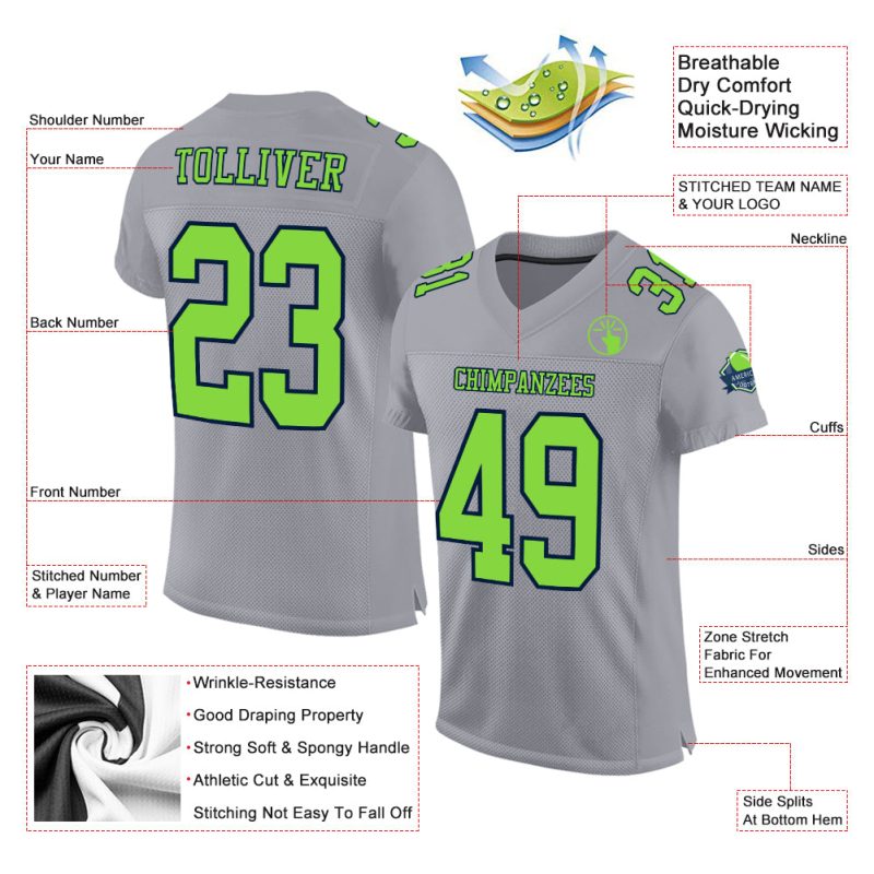 Custom Gray Neon Green Navy Football Jersey - Authentic Mesh Design for Ultimate Sports Performance Custom Gray Neon Green-Navy
