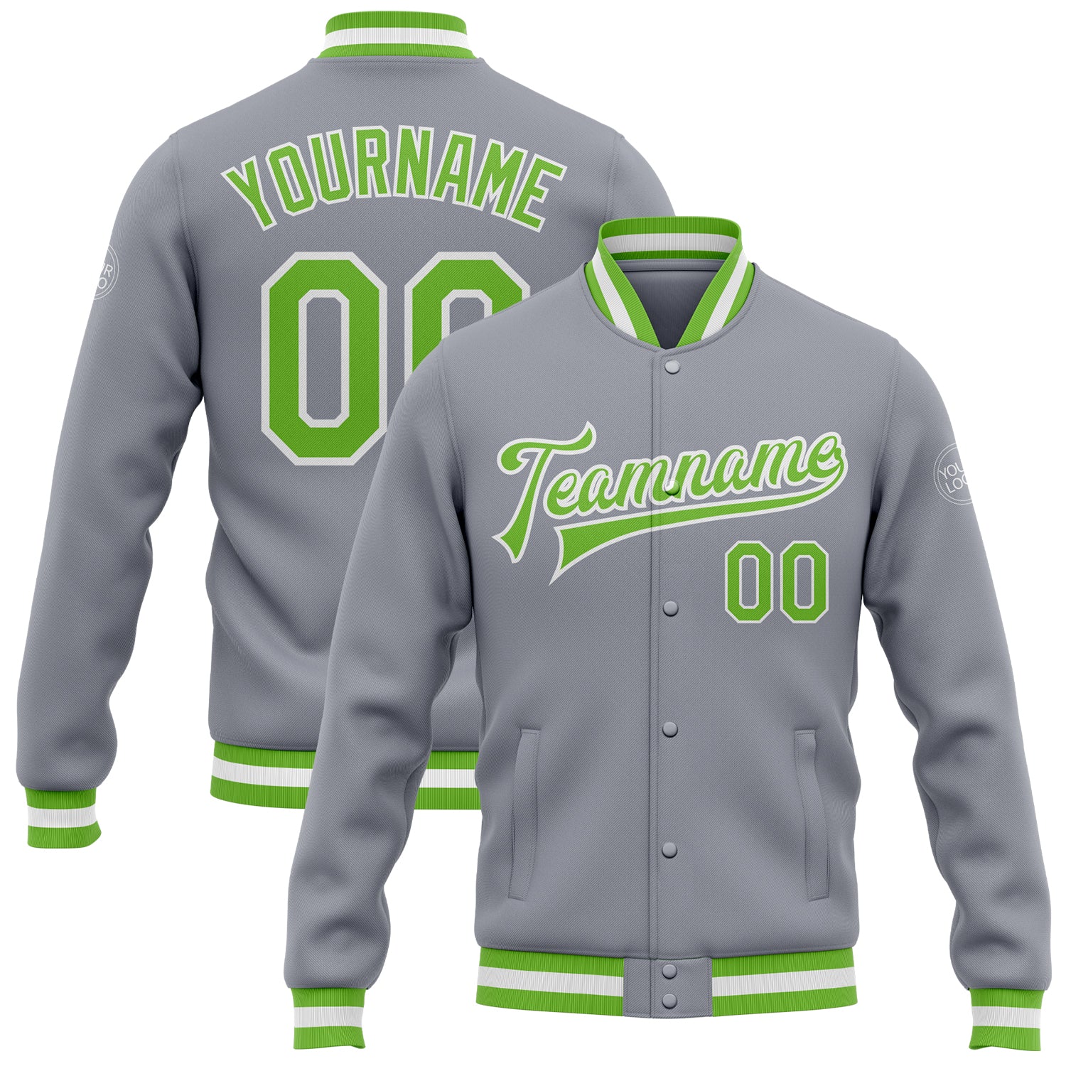 Custom Gray Green White Neon Varsity Letterman Bomber Full-Snap Jacket Custom Gray Neon Green-White Bomber Full-Snap Varsity