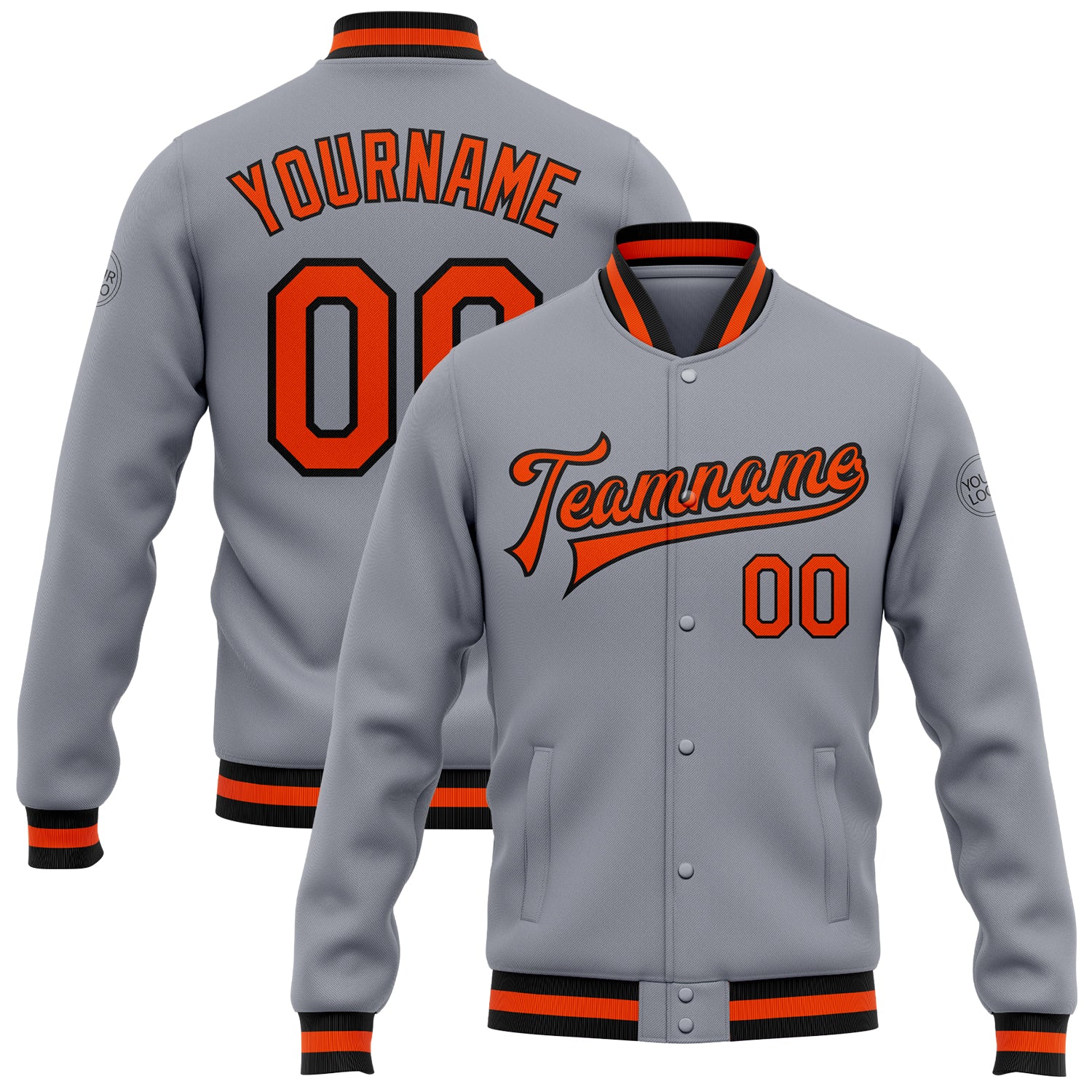 Custom Gray Orange Black Varsity Letterman Bomber Full-Snap Jacket Custom Gray Orange-Black Bomber Full-Snap Varsity Letterman