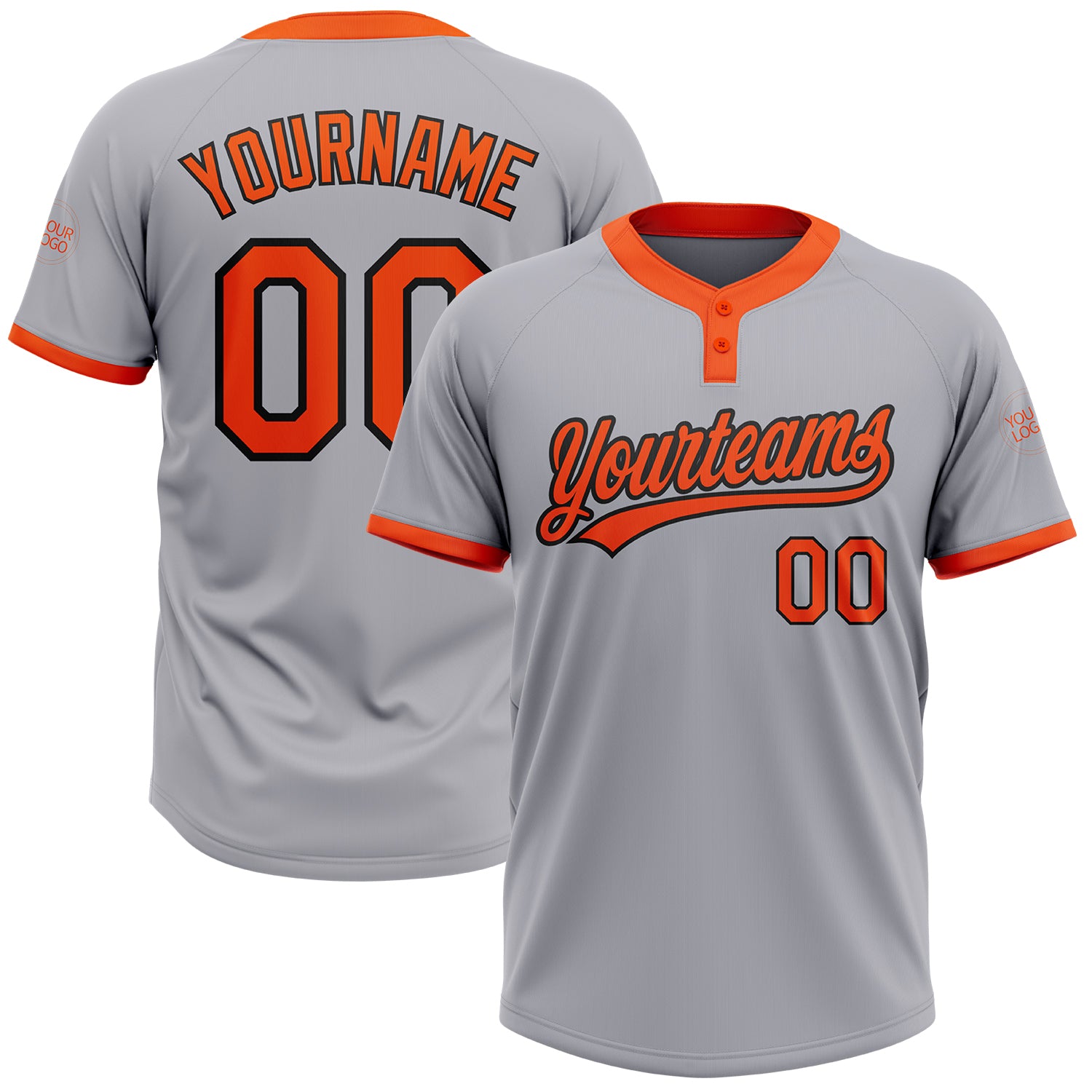 Custom Unisex Softball Jersey Gray Orange-Black Two-Button Design Custom Gray Orange-Black Two-Button Unisex Softball Jersey