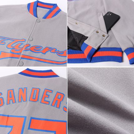 Custom Gray Orange-Royal Bomber Jacket, Full-Snap Varsity Letterman Style Custom Gray Orange-Royal Bomber Full-Snap Varsity