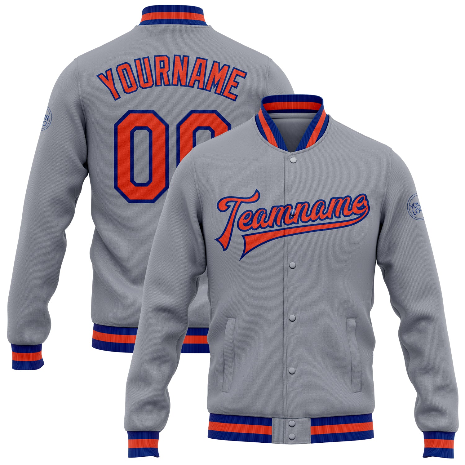 Custom Gray Orange-Royal Bomber Jacket, Full-Snap Varsity Letterman Style Custom Gray Orange-Royal Bomber Full-Snap Varsity
