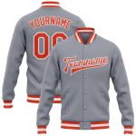 Custom Bomber Jacket Gray Orange-White Full-Snap Varsity Letterman Style Custom Gray Orange-White Bomber Full-Snap Varsity
