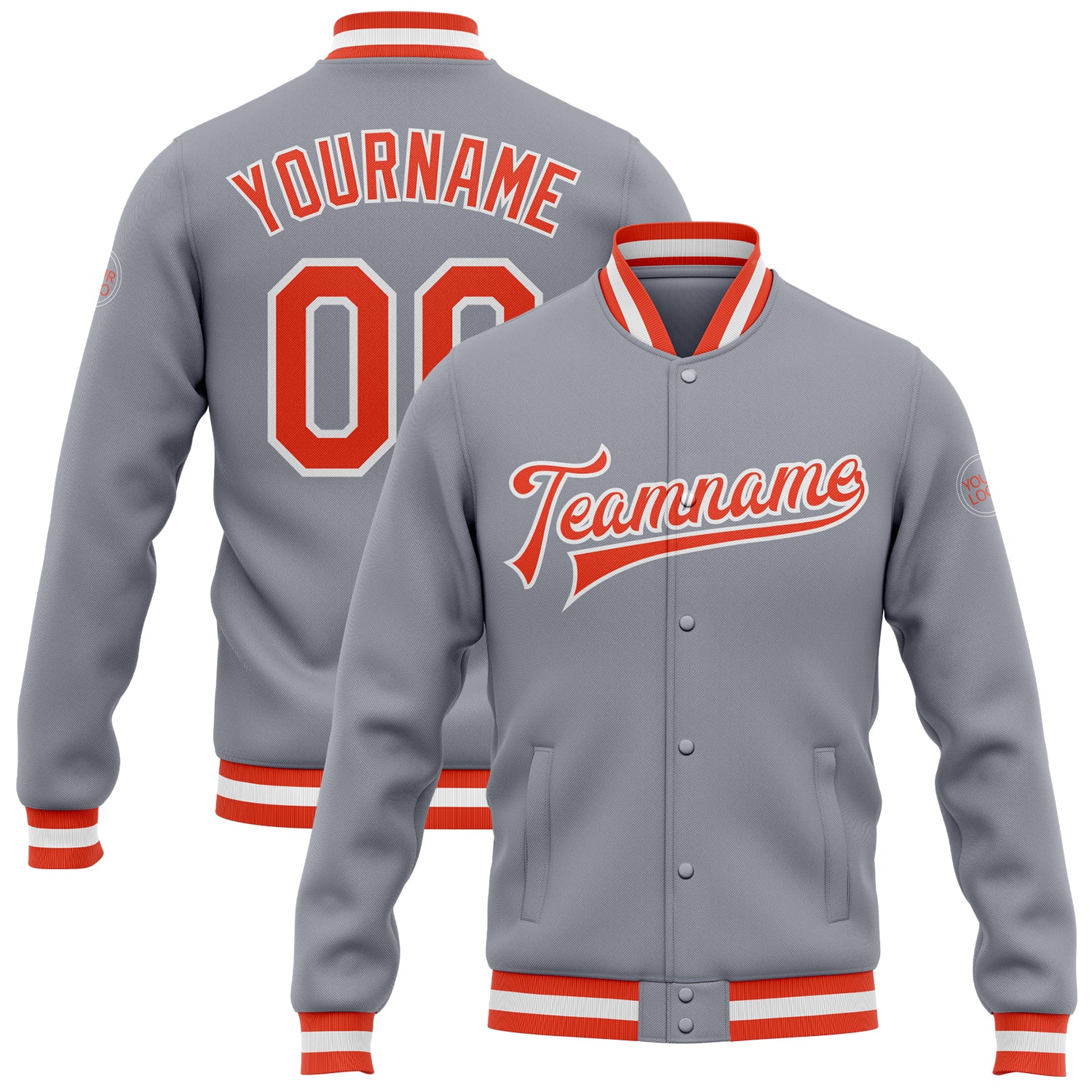 Custom Bomber Jacket Gray Orange-White Full-Snap Varsity Letterman Style Custom Gray Orange-White Bomber Full-Snap Varsity