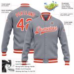 Custom Bomber Jacket Gray Orange-White Full-Snap Varsity Letterman Style Custom Gray Orange-White Bomber Full-Snap Varsity