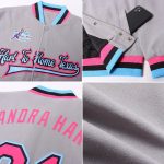 Gray Pink Black Light Blue Custom Varsity Letterman Bomber Full-Snap Jacket Custom Gray Pink Black-Light Blue Bomber Full-Snap