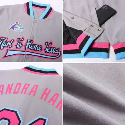 Gray Pink Black Light Blue Custom Varsity Letterman Bomber Full-Snap Jacket Custom Gray Pink Black-Light Blue Bomber Full-Snap
