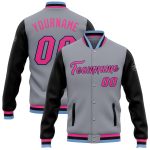 Custom Varsity Letterman Two Tone Jacket Gray Pink Black Light Blue Full-Snap Bomber Custom Gray Pink Black-Light Blue Bomber