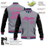 Custom Varsity Letterman Two Tone Jacket Gray Pink Black Light Blue Full-Snap Bomber Custom Gray Pink Black-Light Blue Bomber