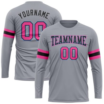 Custom Performance T-Shirt for Men and Women in Gray, Pink, Black, Light Blue - Long Sleeve Activewear Custom Gray Pink Black-Light