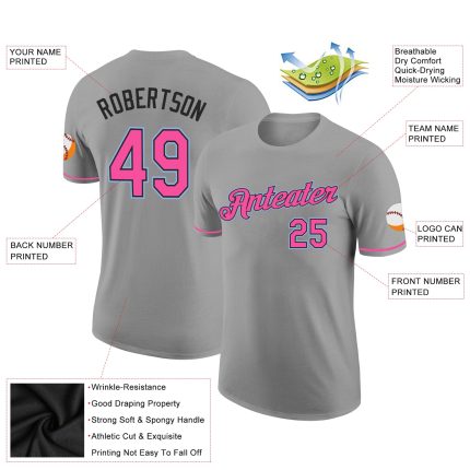 Custom Performance T-Shirt in Gray, Pink, Black, and Light Blue for Men and Women Custom Gray Pink Black-Light Blue Performance