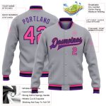 Custom Varsity Letterman Jacket Gray Pink Black Purple Full-Snap Bomber Custom Gray Pink Black-Purple Bomber Full-Snap Varsity