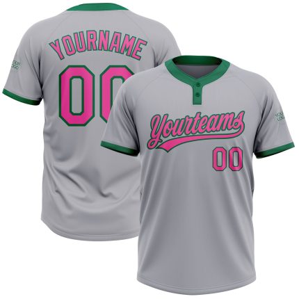 Custom Softball Jersey Unisex Two-Button Gray Pink Kelly Green Color Custom Gray Pink-Kelly Green Two-Button Unisex Softball