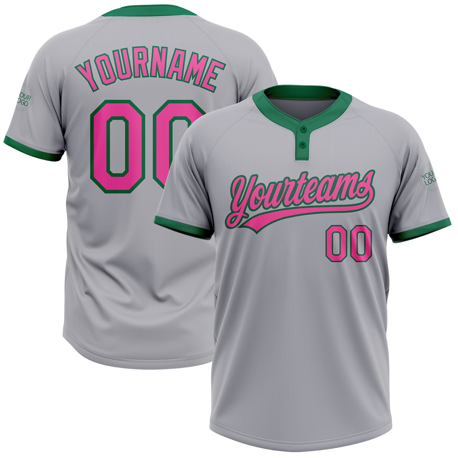 Custom Softball Jersey Unisex Two-Button Gray Pink Kelly Green Color Custom Gray Pink-Kelly Green Two-Button Unisex Softball