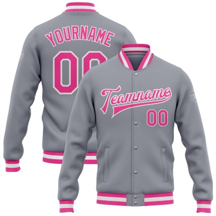 Gray Pink-White Custom Varsity Letterman Bomber Jacket Full-Snap Design Custom Gray Pink-White Bomber Full-Snap Varsity Letterman