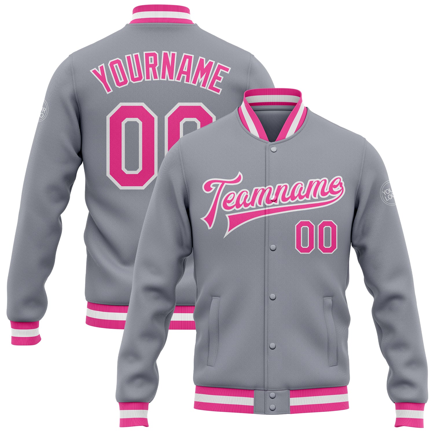 Gray Pink-White Custom Varsity Letterman Bomber Jacket Full-Snap Design Custom Gray Pink-White Bomber Full-Snap Varsity Letterman