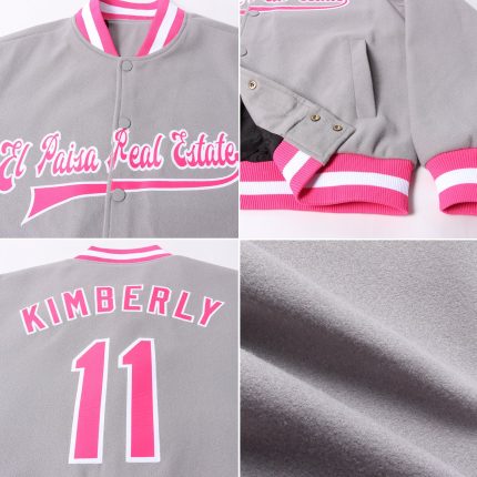 Gray Pink-White Custom Varsity Letterman Bomber Jacket Full-Snap Design Custom Gray Pink-White Bomber Full-Snap Varsity Letterman