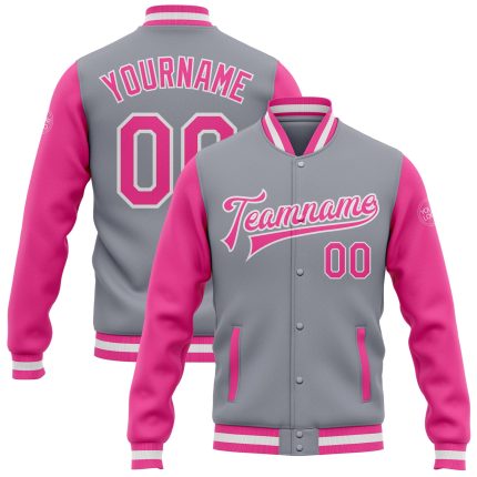 Custom Gray Pink White Bomber Jacket Full-Snap Varsity Letterman Two Tone Custom Gray Pink-White Bomber Full-Snap Varsity