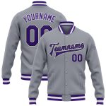 Custom Bomber Jacket Gray Purple Black Full-Snap Varsity Letterman Custom Gray Purple-Black Bomber Full-Snap Varsity Letterman