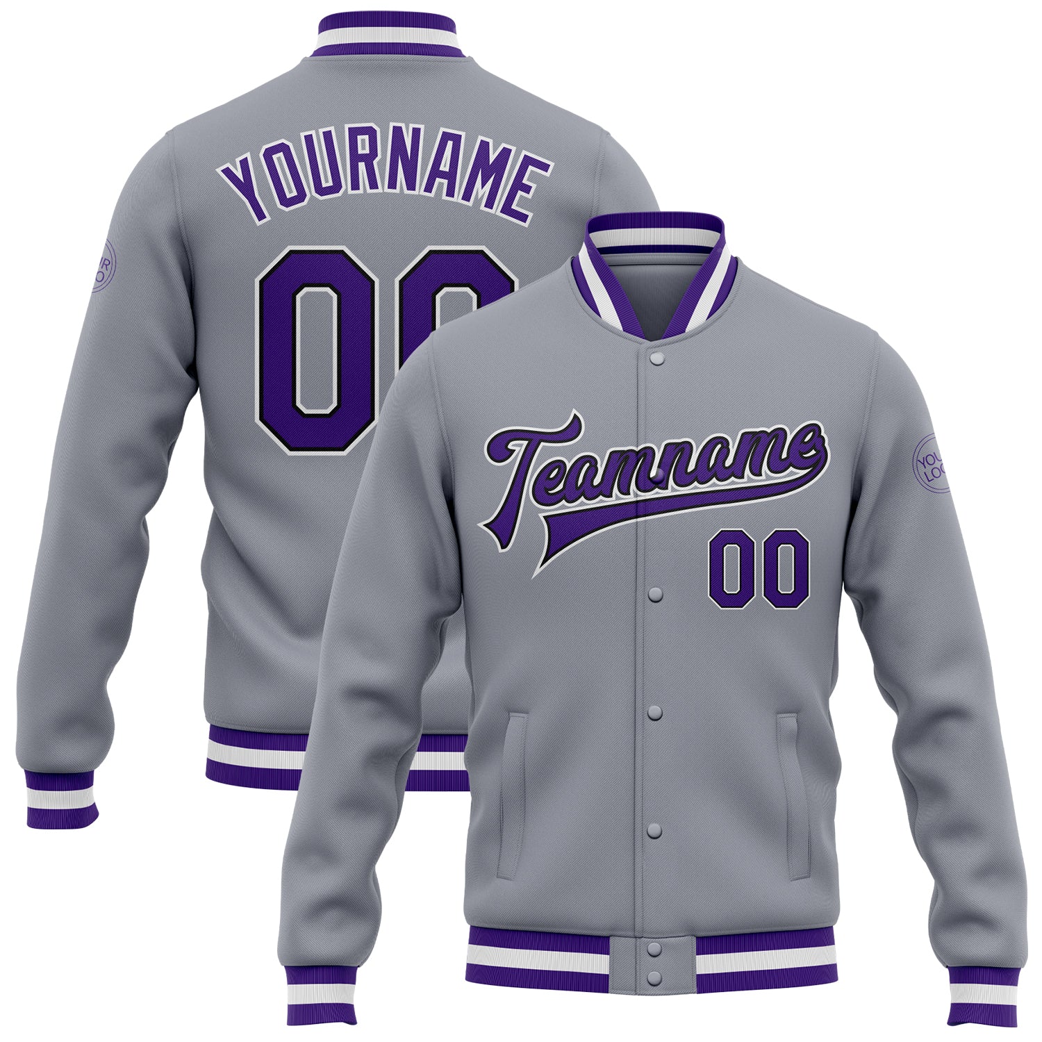 Custom Bomber Jacket Gray Purple Black Full-Snap Varsity Letterman Custom Gray Purple-Black Bomber Full-Snap Varsity Letterman