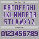 Custom gray, purple and black softball jersey, flat lay