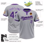 Custom gray, purple and black softball jersey, detail of the printed panel