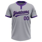 Custom gray, purple and black softball jersey, back view