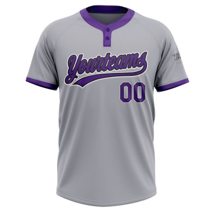 Custom gray, purple and black softball jersey, back view