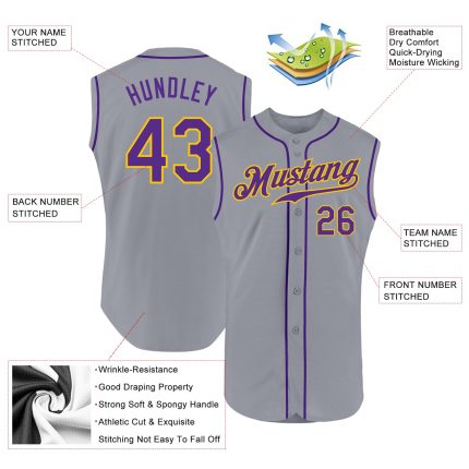 Custom Gray Purple Gold Baseball Jersey Authentic Sleeveless Design Custom Gray Purple-Gold Authentic Sleeveless Baseball