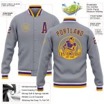 Custom Gray Purple Gold Bomber Jacket Full-Snap Varsity Letterman Outerwear Custom Gray Purple-Gold Bomber Full-Snap Varsity