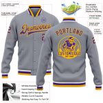 Custom Gray Purple Gold Varsity Jacket Bomber Full-Snap Letterman Style 8208 Custom Gray Purple-Gold Bomber Full-Snap Varsity