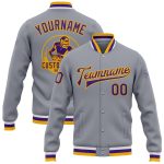 Custom Gray Purple Gold Varsity Jacket Bomber Full-Snap Letterman Style 8208 Custom Gray Purple-Gold Bomber Full-Snap Varsity