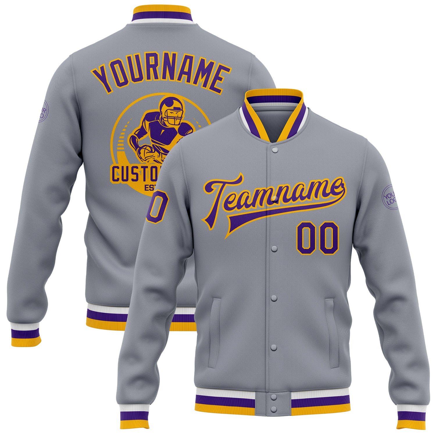 Custom Gray Purple Gold Varsity Jacket Bomber Full-Snap Letterman Style 8208 Custom Gray Purple-Gold Bomber Full-Snap Varsity
