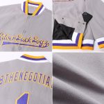Custom Bomber Jacket Gray Purple Gold Full-Snap Varsity Letterman Style 9094 Custom Gray Purple-Gold Bomber Full-Snap Varsity
