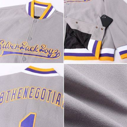 Custom Bomber Jacket Gray Purple Gold Full-Snap Varsity Letterman Style 9094 Custom Gray Purple-Gold Bomber Full-Snap Varsity