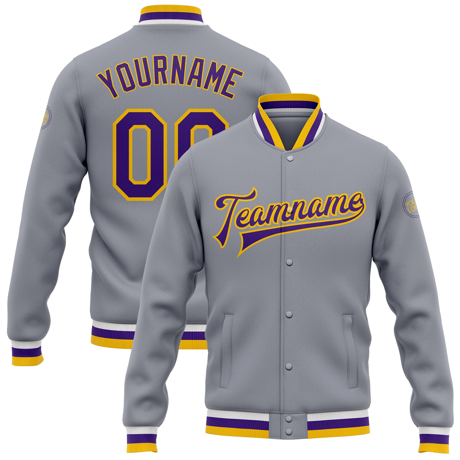 Custom Bomber Jacket Gray Purple Gold Full-Snap Varsity Letterman Style 9094 Custom Gray Purple-Gold Bomber Full-Snap Varsity