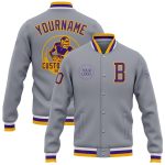 Custom Gray Purple Gold Bomber Jacket Full-Snap Varsity Letterman Outerwear Custom Gray Purple-Gold Bomber Full-Snap Varsity