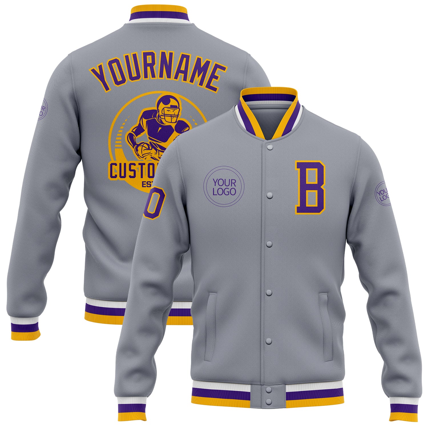 Custom Gray Purple Gold Bomber Jacket Full-Snap Varsity Letterman Outerwear Custom Gray Purple-Gold Bomber Full-Snap Varsity