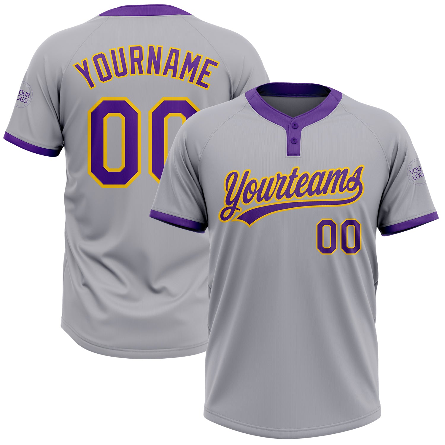 Custom Gray Purple Gold Unisex Softball Jersey, Two-Button Design, Comfortable Fit Custom Gray Purple-Gold Two-Button Unisex