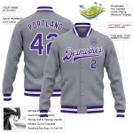 Gray Purple White Custom Varsity Letterman Bomber Jacket Full-Snap Custom Gray Purple-White Bomber Full-Snap Varsity Letterman