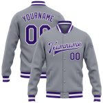 Gray Purple White Custom Varsity Letterman Bomber Jacket Full-Snap Custom Gray Purple-White Bomber Full-Snap Varsity Letterman