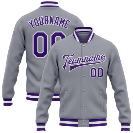 Gray Purple White Custom Varsity Letterman Bomber Jacket Full-Snap Custom Gray Purple-White Bomber Full-Snap Varsity Letterman