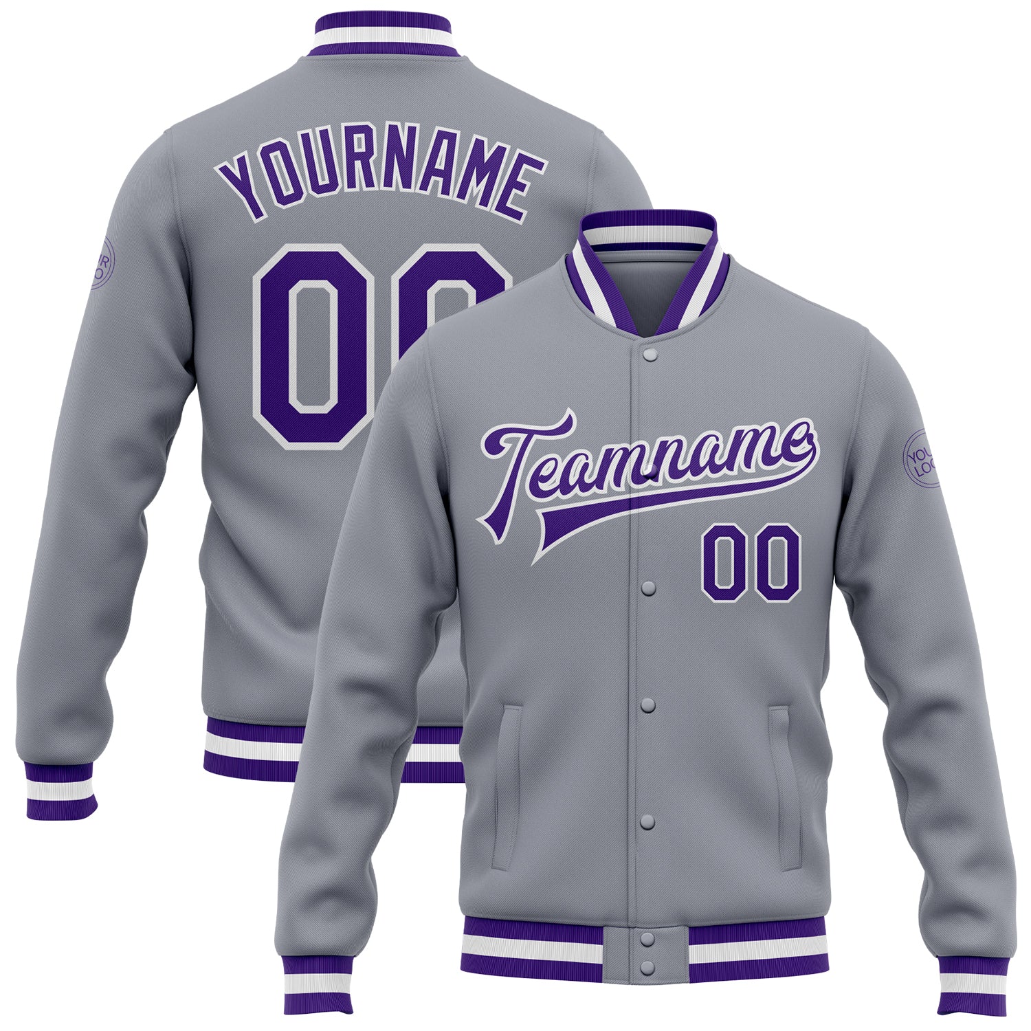 Gray Purple White Custom Varsity Letterman Bomber Jacket Full-Snap Custom Gray Purple-White Bomber Full-Snap Varsity Letterman
