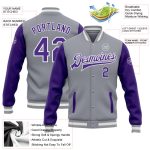 Gray Purple White Two Tone Custom Varsity Letterman Bomber Full-Snap Jacket Custom Gray Purple-White Bomber Full-Snap Varsity