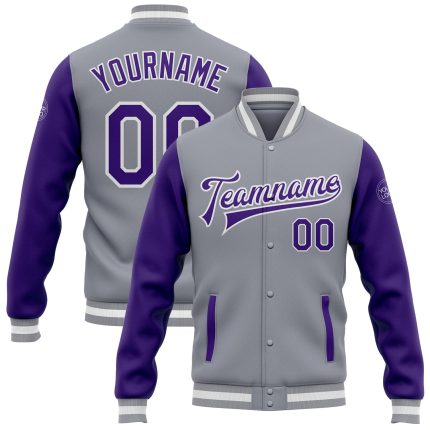 Gray Purple White Two Tone Custom Varsity Letterman Bomber Full-Snap Jacket Custom Gray Purple-White Bomber Full-Snap Varsity