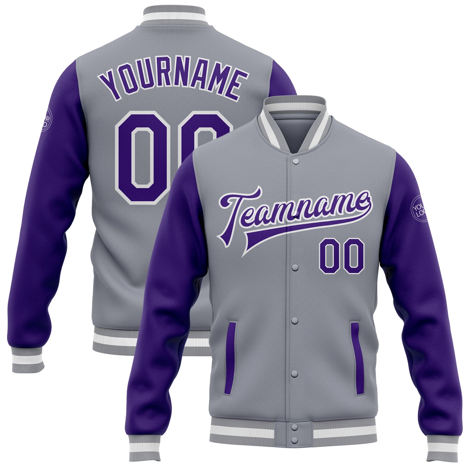 Gray Purple White Two Tone Custom Varsity Letterman Bomber Full-Snap Jacket Custom Gray Purple-White Bomber Full-Snap Varsity
