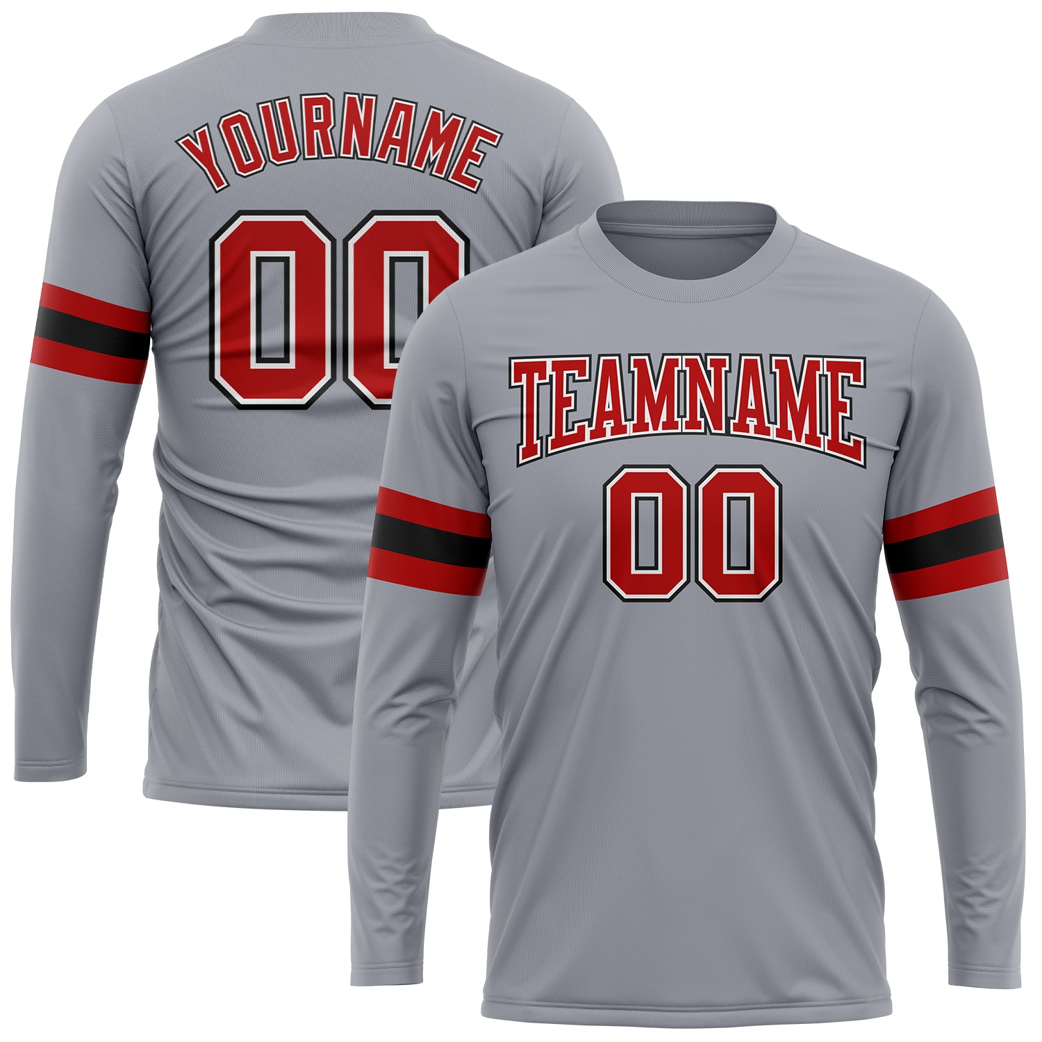 Custom Performance T-Shirt for Men - Gray with Red and Black Long Sleeves Custom Gray Red-Black Long Sleeve Performance T-Shirt